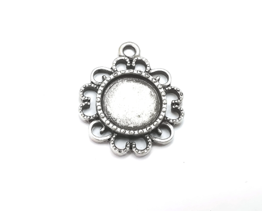 Flower Pendant Bezel, Resin Blank, inlay Mountings, Mosaic Frame, Cabochon Bases, Dry Flower Settings, Antique Silver Plated (14mm) G28799