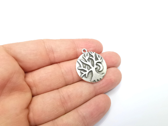 Tree and Crescent Charms Pendant Antique Silver Plated Charms (28x25mm) G29399