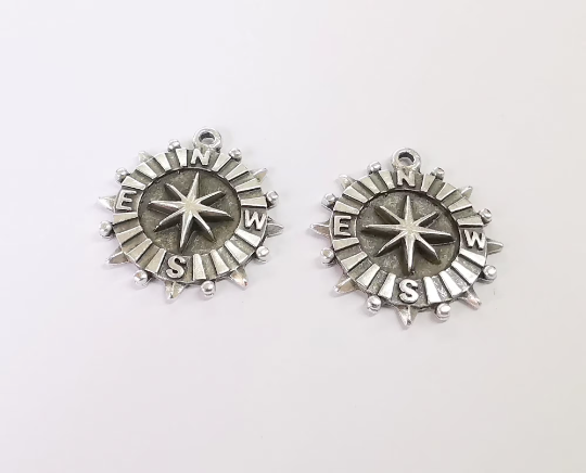 2 Compass charms Antique silver plated charms (30x27mm) G24405