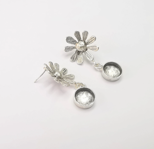 Flower Dangle Earring Base Wire Earring Blank Antique Silver Plated Brass Earring Base (10mm blank) G26715