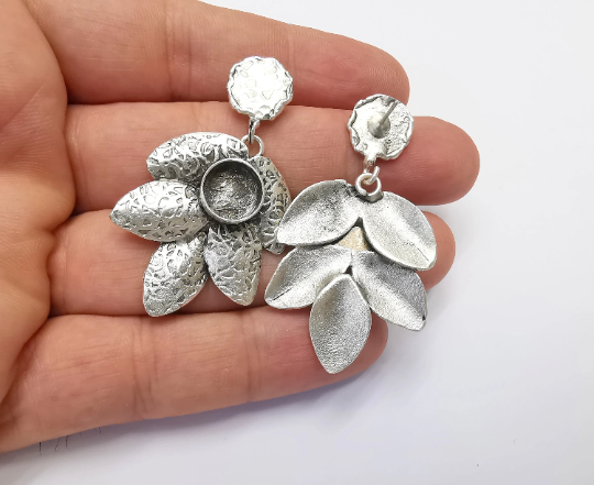 Leaf Hammered Disc Blank Silver Earring Set Base Wire Antique Silver Plated Brass Earring Base (10mm blank) G28326