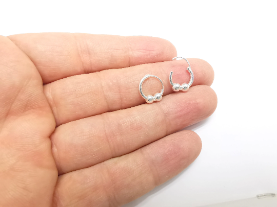 Solid Sterling Silver Earring Hoop Wire with two Ball Bead, Piercing, 925 Silver Earring Hoop Findings (12mm) 1 pair G30406