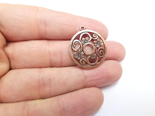 Flowers Branch Round Charms Pendant Antique Copper Plated Charms (29x25mm) G29808