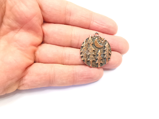 Forest Landscape Pine Tree Crescent Moon Round Charms Pendant Antique Copper Plated Charms (31x28mm) G28008