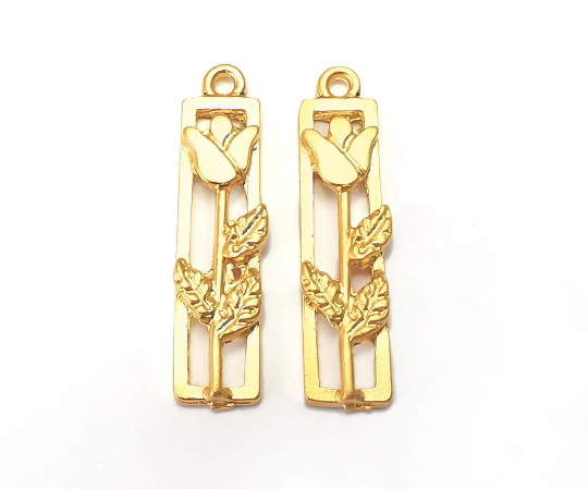 Flower Rose Leaf Charms Gold Plated Charms (33x8mm) G28262