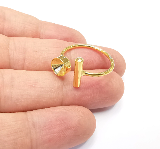 Round Cone Blank Rod Ring Settings, Cabochon Mounting, Adjustable Resin Ring Base Bezels, Shiny Gold Plated Brass (8mm) G28350