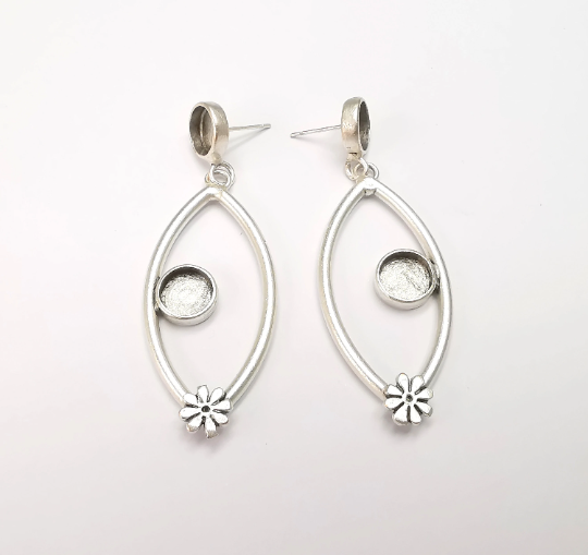 Earring Blank Bezel Antique Silver Plated Brass Earring Set Base (8mm blank) G24904