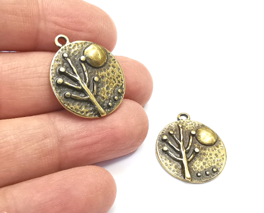 Tree Moon Charms Hammered Round Full Moon Pendant Antique Bronze Plated Charms (26x22mm) G28029