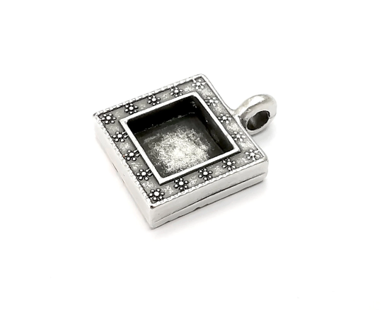 Ethnic Square Pendant Sun Blank Bezel Resin Mosaic Mountings Antique Silver Plated Charms (23x17mm)( 10 mm Bezel Inner Size) G28081