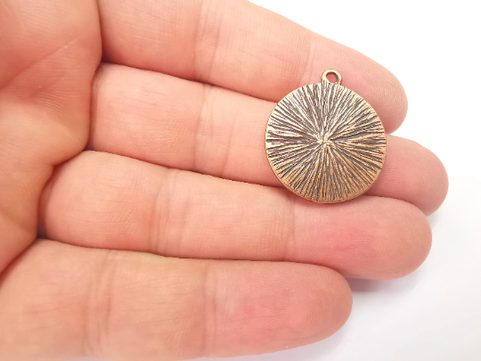 Crescent and Fern Leaf Charms Hammered Disc Pendant Antique Copper Plated (28x24mm) G28280