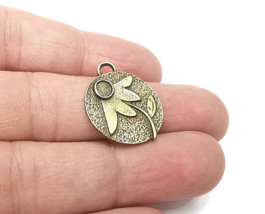 Flower Charms Pendant Bezel, Resin Blank, inlay Mounting, Mosaic Frame Cabochon Base, Antique Bronze Plated (4mm) G29356