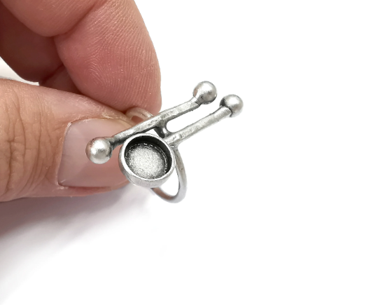 Rod Ball Ring Blank Setting, Cabochon Mounting, Adjustable Resin Ring Base Bezels, Antique Silver Plated (8mm) G28961