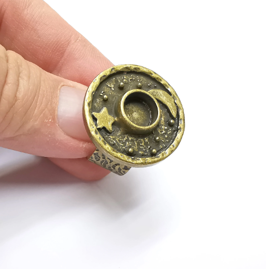 Moon and Star Ring Blank Setting, Cabochon Mounting, Adjustable Resin Ring Base, Antique Bronze Inlay Mosaic Ring Bezel (8mm) G29311