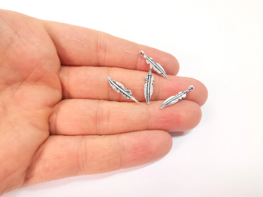 4 Sterling Silver Feather Charms 925 Solid Silver Charms (21x5mm) G30077