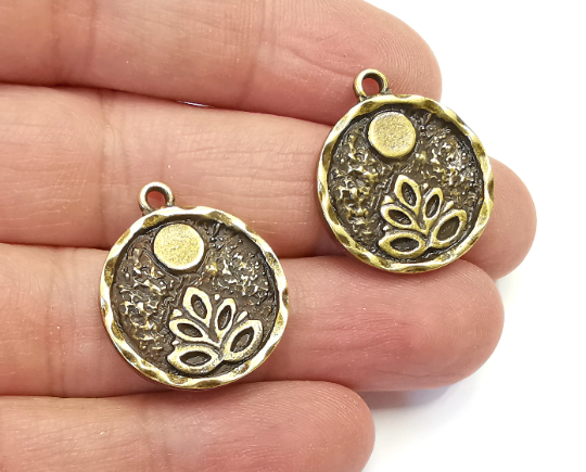 Lotus Full Moon Charms Round Night Pendant Antique Bronze Plated Charms (26x22mm) G28028