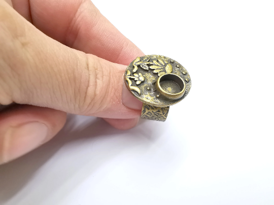 Flower Ring Blank Setting, Cabochon Mounting, Adjustable Resin Ring Base, Inlay Ring Blank Mosaic Bezels Antique Bronze Plated (8mm) G29314