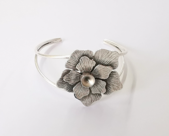 Flower bracelet brass cuff blank bezel Glass cabochon base Adjustable antique silver(8mm ) G24453