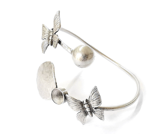 Butterfly ball head hammered bracelet brass cuff blank bezel Glass cabochon base Adjustable antique silver(8mm ) G24443