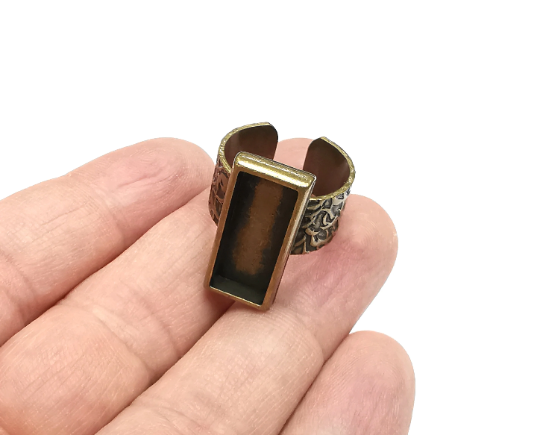 Rectangle Ring Blank Setting, Cabochon Mounting, Adjustable Resin Ring Base, Inlay Ring Mosaic Bezel Antique Bronze Plated (20x10) G29574
