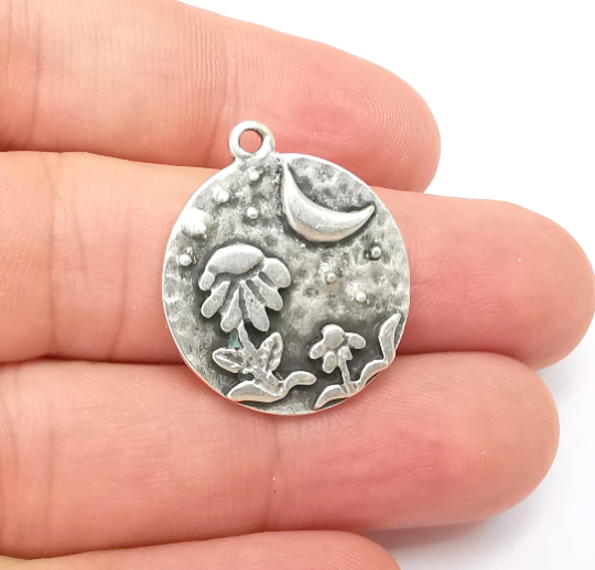 Flower Leaf Charms Crescent Moon Hammered Disc Night Sky Charms Antique Silver Plated (28x24mm) G28724