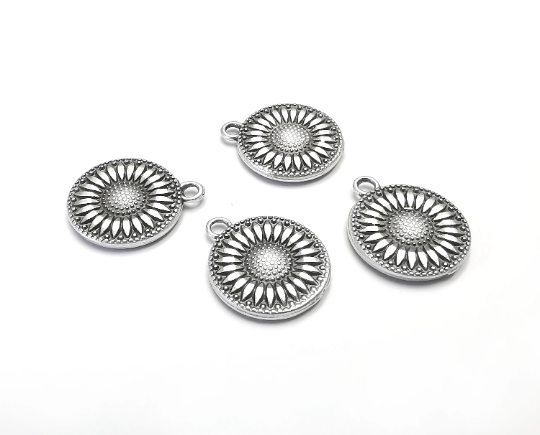 Sunflower Charms Daisy Flower Round Charms (Double Sided) Antique Silver Plated Charms (18x15mm) G28249