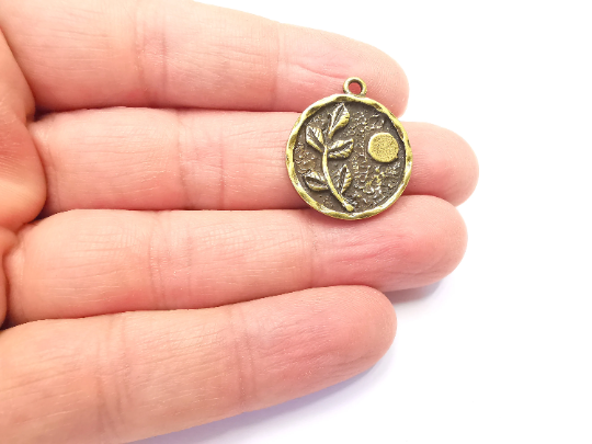 Branch Leaf Charms Plant Nature Stars Charms Full Moon Antique Bronze Plated Charms (26x22mm) G28014