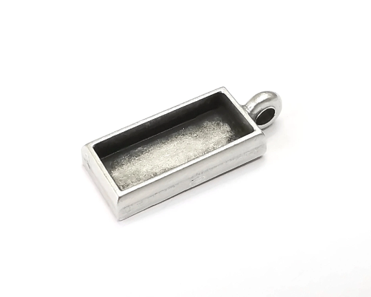 Rectangle Pendant Blank Bezel Resin Mosaic Mountings Antique Silver Plated Charms (28x11mm)( 20X8 mm Bezel Inner Size) G28096