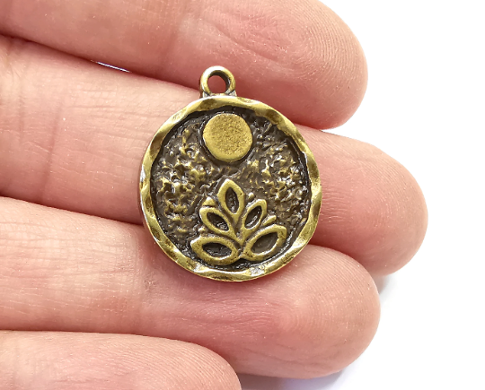 Lotus Full Moon Charms Round Night Pendant Antique Bronze Plated Charms (26x22mm) G28028