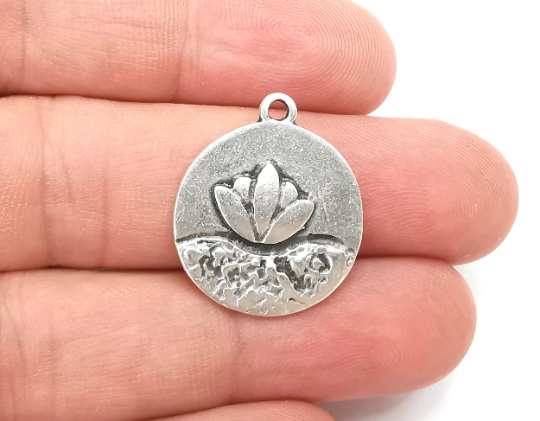 Lotus Charms Antique Silver Plated Round Charms (25x21mm) G28470