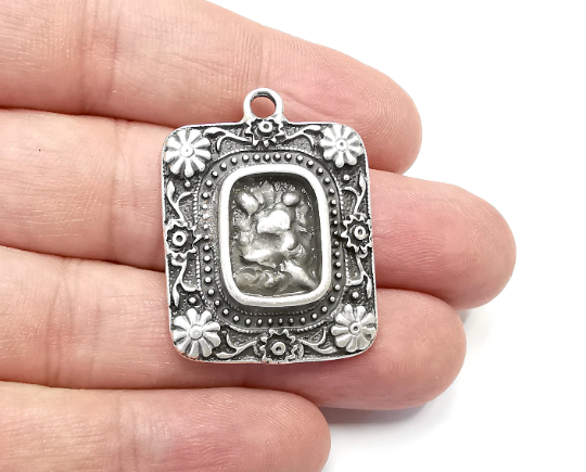 Flower Pendant Blanks, Resin Bezel Bases, Mosaic Mountings, Dry flower Frame, Polymer Clay base, Antique Silver Plated (15x11mm) G28995