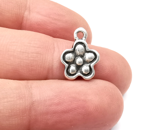 Flower Charms, Antique Silver Plated Charms (Double Sided) (15x12mm) G28739