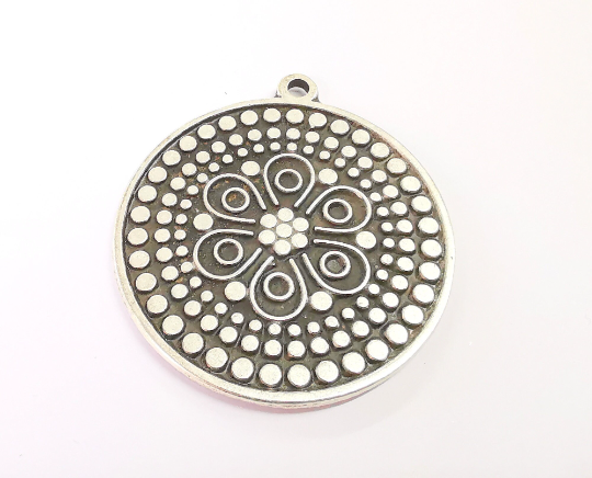 Flower round pendant Antique silver plated pendant (63x57mm) G24408