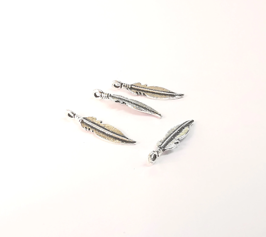 4 Sterling Silver Feather Charms 925 Solid Silver Charms (21x5mm) G30077