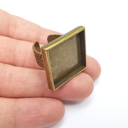 Square Ring Blank Setting, Cabochon Mounting, Adjustable Resin Ring Base, Inlay Ring Blank Mosaic Bezels Antique Bronze Plated (25mm) G29301