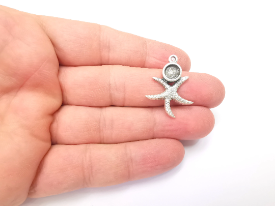 Starfish Pendant Bezel, Resin Blank, inlay Mounting, Mosaic Frame Cabochon Base Dry Flower Setting, Antique Silver Plated 6mm bezel G28927