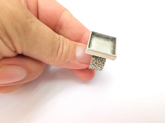 Square Antique Silver Ring Blank Setting, Cabochon Mounting, Adjustable Resin Ring Base Bezel, Inlay Ring Mosaic Ring Bezel (18x18mm) G28722