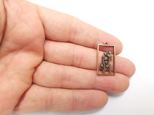 2 Flower Plant Charms Antique Copper Plated Charms (27x15mm) G29569