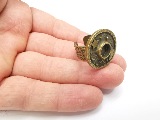Moon and Star Ring Blank Setting, Cabochon Mounting, Adjustable Resin Ring Base, Antique Bronze Inlay Mosaic Ring Bezel (8mm) G29311