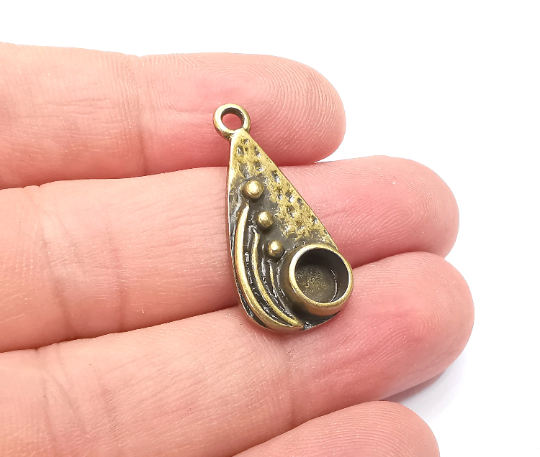 Drop with Buds Pendant Bezel, Resin Blank, inlay Mounting, Mosaic Frame Cabochon Base Dry Flower Setting, Antique Bronze Plated (6mm) G28933