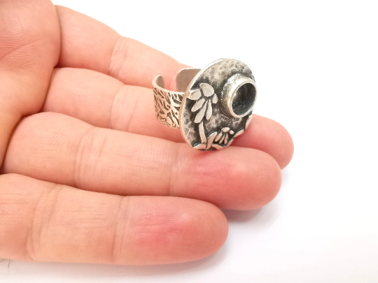 Flower Ring Blank Setting, Cabochon Mounting, Adjustable Resin Ring Base Bezels, Antique Silver Inlay Ring Mosaic Ring Bezel (8mm) G28723