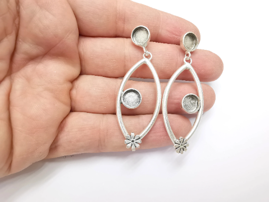 Earring Blank Bezel Antique Silver Plated Brass Earring Set Base (8mm blank) G24904