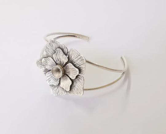 Flower bracelet brass cuff blank bezel Glass cabochon base Adjustable antique silver(8mm ) G24453