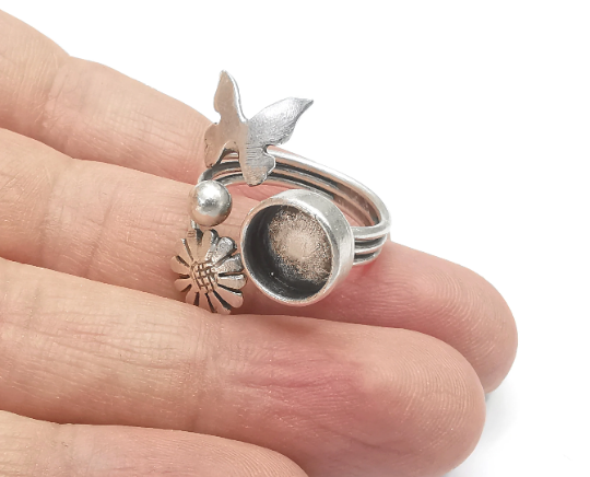 Butterfly Flower Ring Blanks Silver Round Ring Setting Cabochon Mounting Adjustable Ring Base Bezel Antique Silver Plated Brass (10mm)G26710