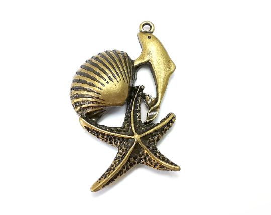 Dolphin Starfish Scallop Charms Pendant Antique Bronze Plated (50x29mm) G28259