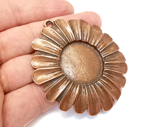 Sunflower Pendant Blank Bezel Mosaic Mountings Cabochon Setting Antique Copper Plated (70x65mm)(30mm Blank) G28071