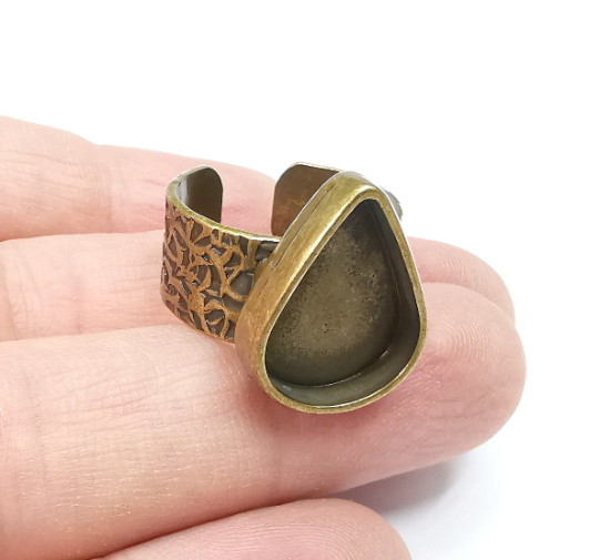 Teardrop Ring Blank Setting, Cabochon Mounting, Adjustable Resin Ring Base, Inlay Ring Mosaic Bezel Antique Bronze Plated (18x13) G29315