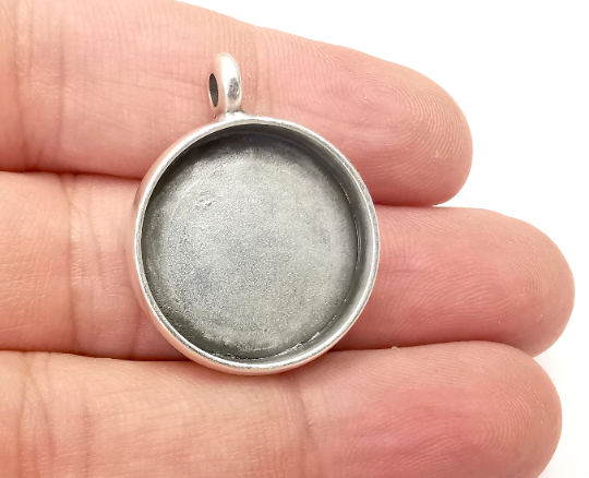 Round Pendant Blanks Resin Bezel Base Mosaic Mountings Antique Silver Plated (22 mm Bezel Inner Size) G28220