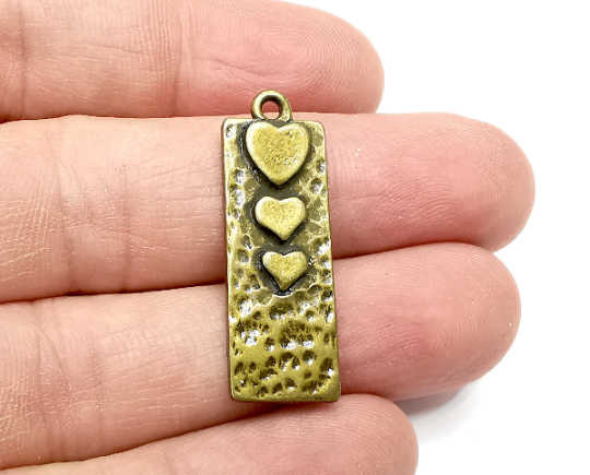 Heart Charms Hammered Rectangle Pendant Antique Bronze Plated (34x12mm) G29340