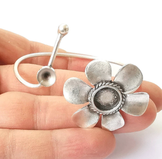 Flower bracelet brass blank Resin cuff Dry flower inlay blank Cuff bezel Glass cabochon base Adjustable antique silver(10mm + 8mm ) G24442
