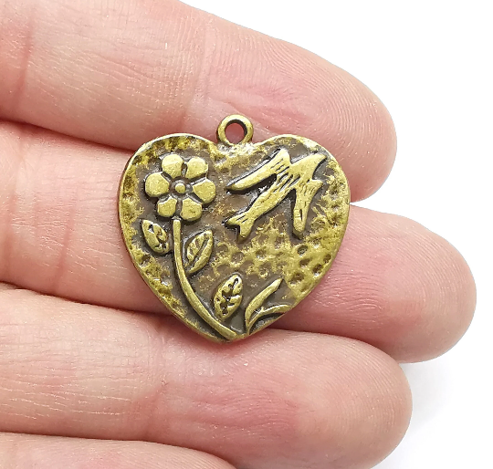 Flower Bird Heart Charms Antique Bronze Plated Charms (27mm) G29382
